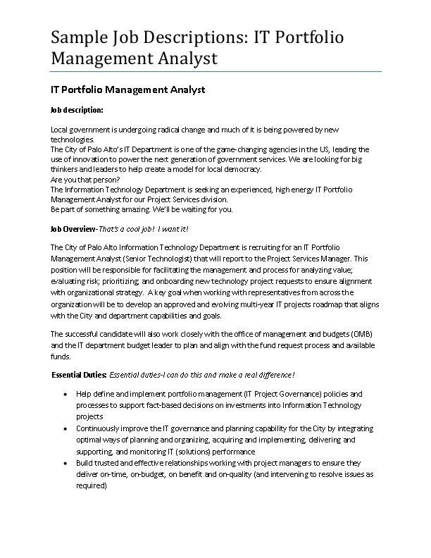 SAMPLE IT Portfolio Management Analyst Job Description